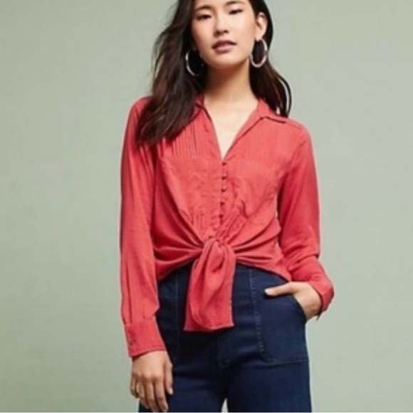 Maeve Red Matilda Polkadot Blouse Pleated Long Sleeve with Notched Collar Size S - Picture 9 of 12
